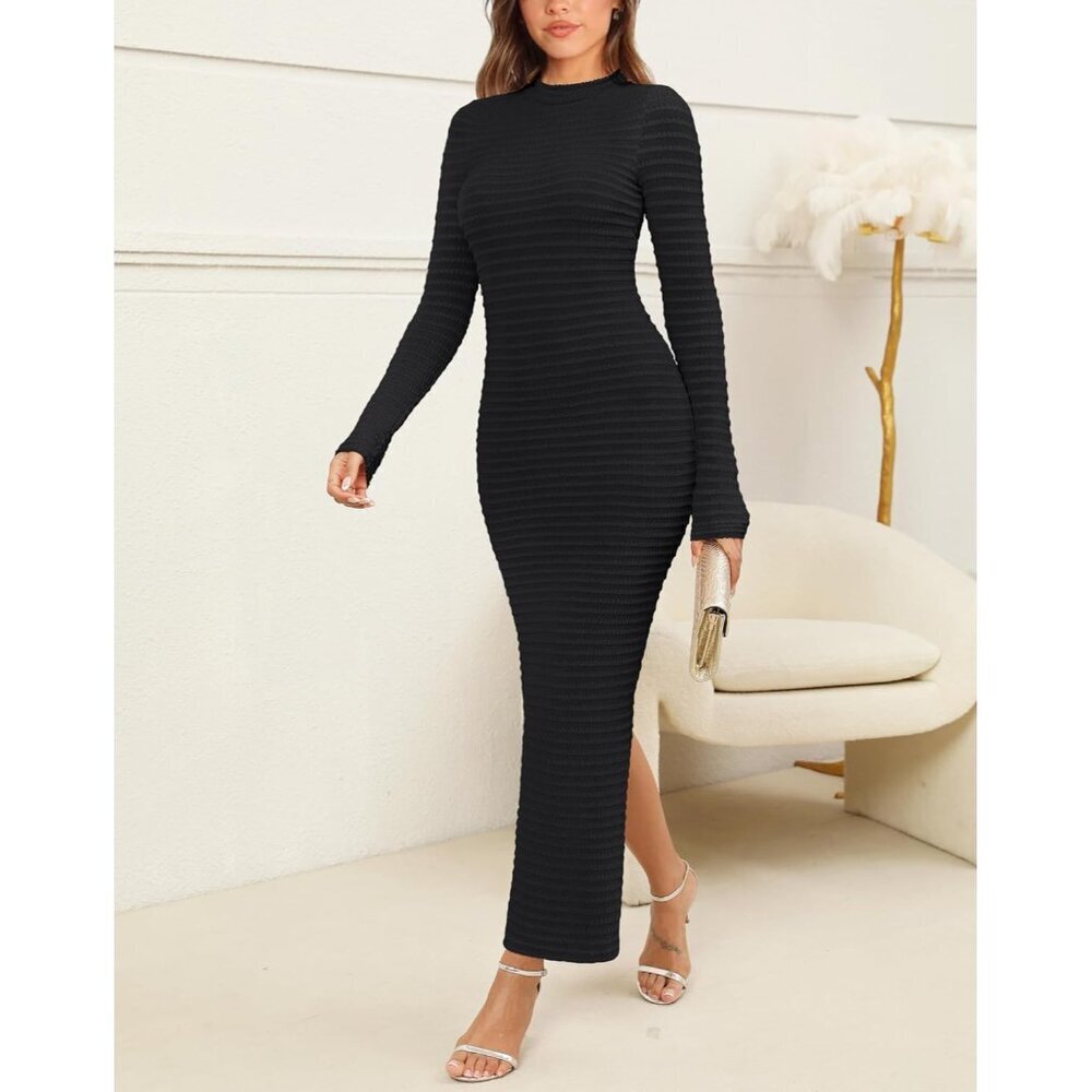 Women's Knit Sweater Dress Long Sleeve High Neck Slim Fit Casual Formal - Picture 2 of 6